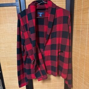 Chaps Women's Size PL Red Black Buffalo Print Plaid Buckle Cowl Neck Sweater